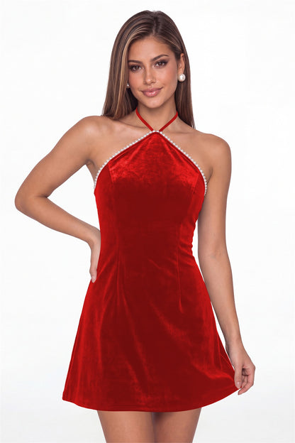 Red Halter Velvet Pearl Mini Dress - Front View
