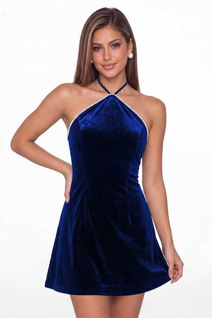Royal Blue Halter Velvet Pearl Mini Dress - Front View