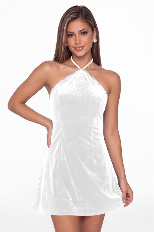 White Halter Velvet Pearl Mini Dress - Front View