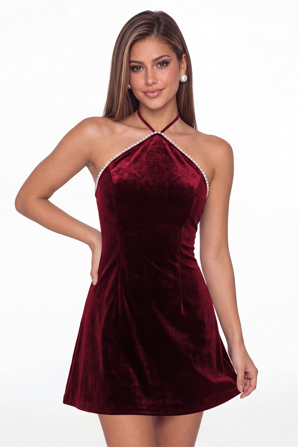 Wine Red Halter Velvet Pearl Mini Dress - Front View