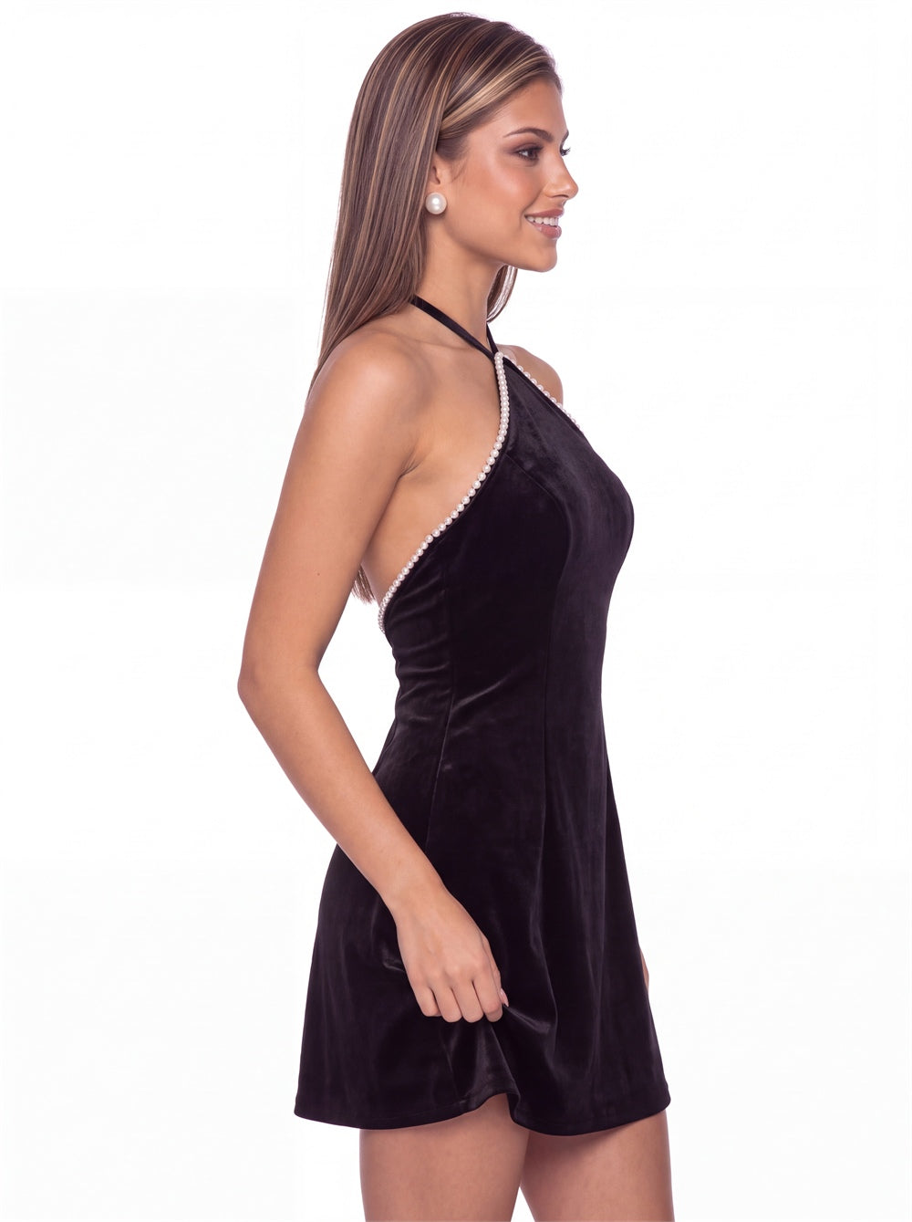 Halter Velvet Pearl Mini Dress - Detail View 3