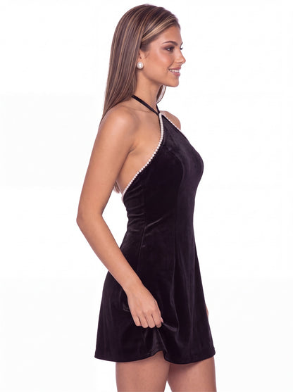 Halter Velvet Pearl Mini Dress - Detail View 3