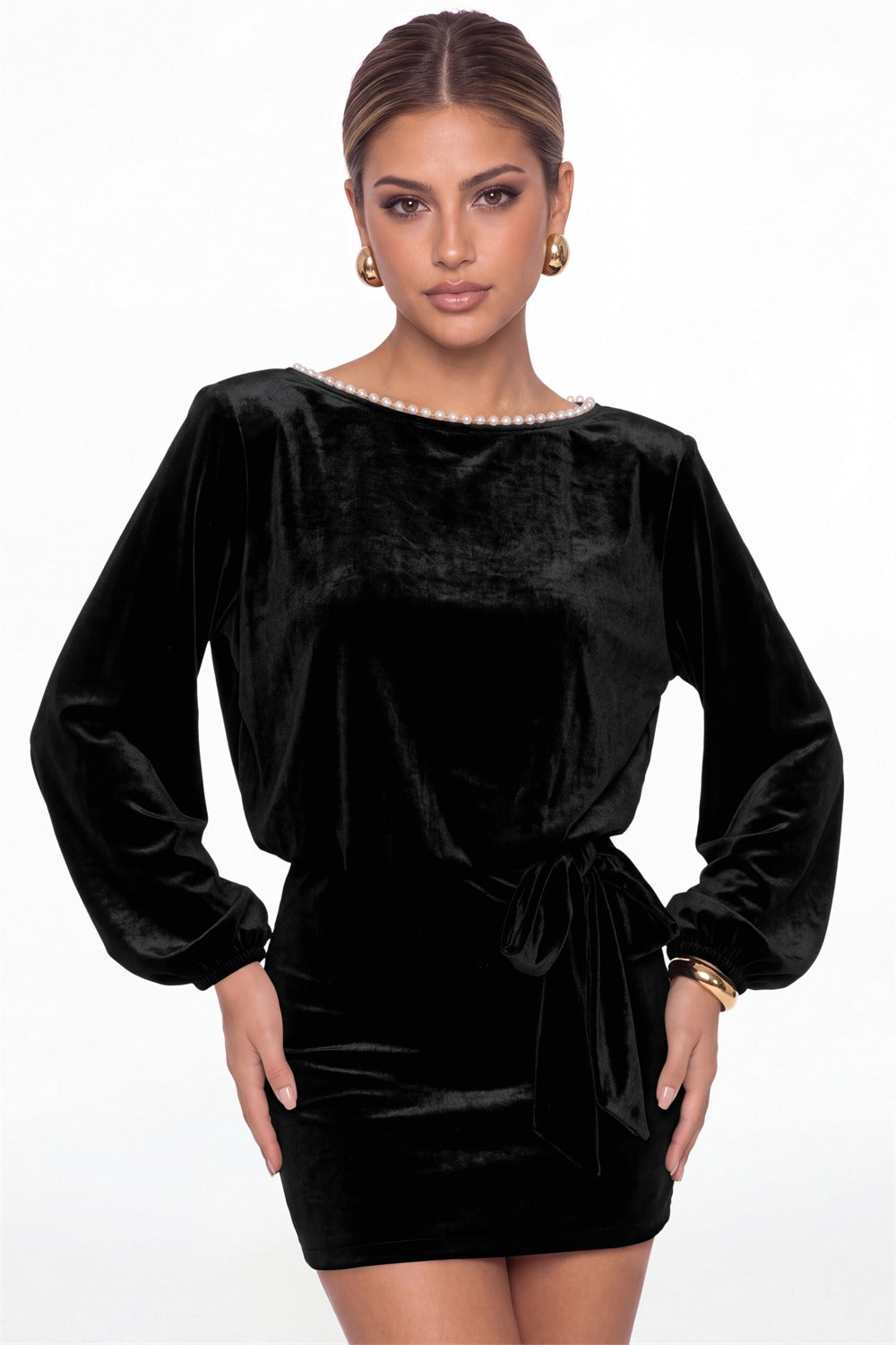 Black Scoop Neck Long Sleeve Pearl Velvet Mini Dress - Front View