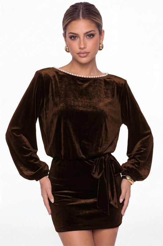 Brown Scoop Neck Long Sleeve Pearl Velvet Mini Dress - Front View