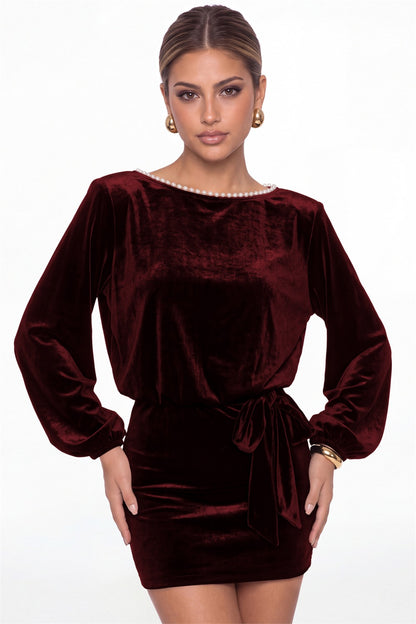 Burgundy Scoop Neck Long Sleeve Pearl Velvet Mini Dress - Front View