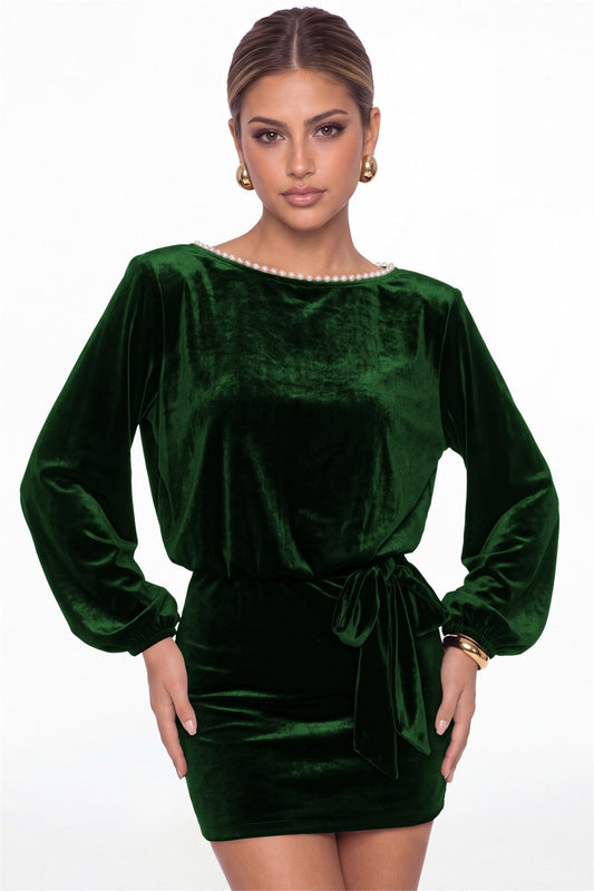 Emerald Green Scoop Neck Long Sleeve Pearl Velvet Mini Dress - Front View