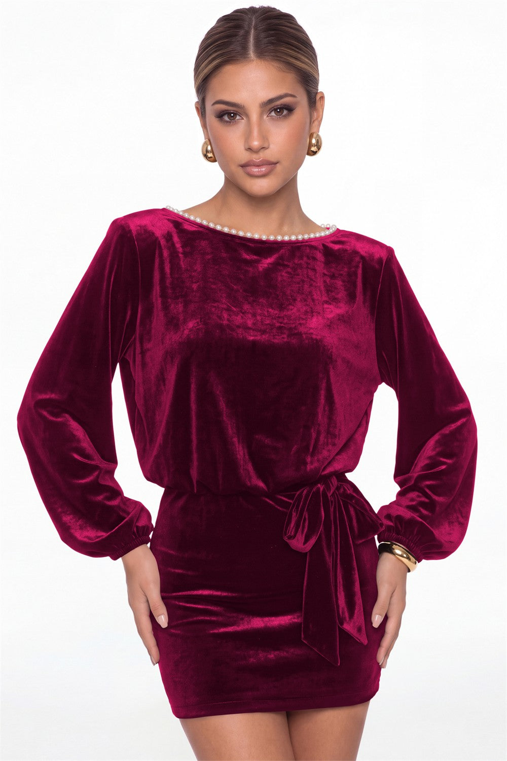 Fuchsia Scoop Neck Long Sleeve Pearl Velvet Mini Dress - Front View