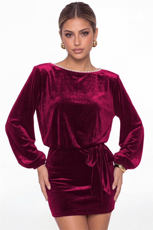 Fuchsia Scoop Neck Long Sleeve Pearl Velvet Mini Dress - Front View