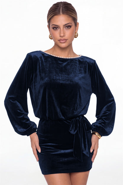 Navy Blue Scoop Neck Long Sleeve Pearl Velvet Mini Dress - Front View