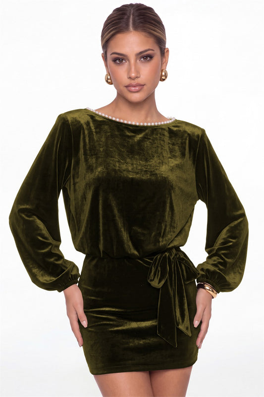 Olive Green Scoop Neck Long Sleeve Pearl Velvet Mini Dress - Front View