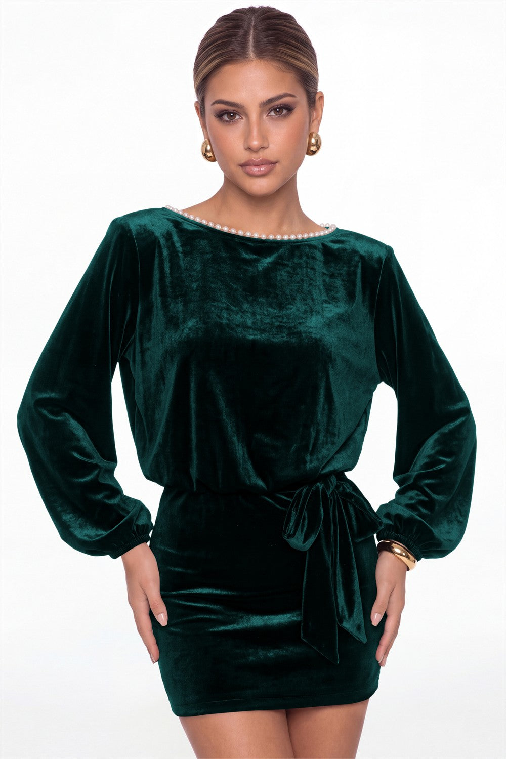 Peacock Scoop Neck Long Sleeve Pearl Velvet Mini Dress - Front View