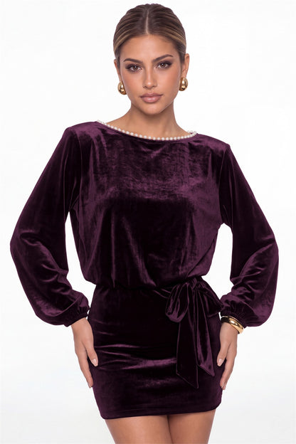 Plum Scoop Neck Long Sleeve Pearl Velvet Mini Dress - Front View