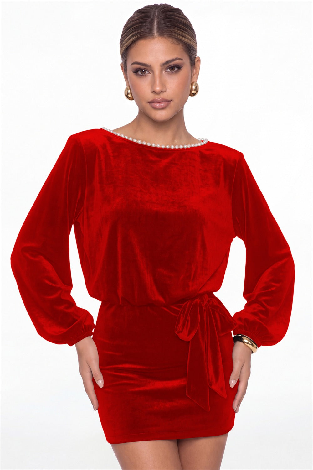 Red Scoop Neck Long Sleeve Pearl Velvet Mini Dress - Front View