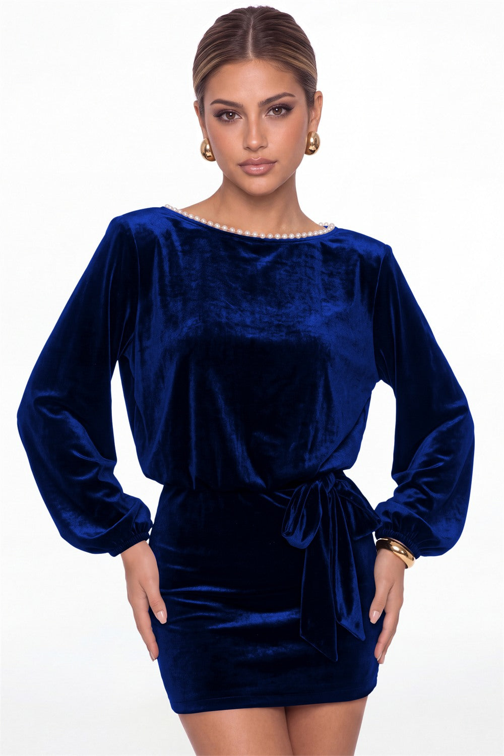 Royal Blue Scoop Neck Long Sleeve Pearl Velvet Mini Dress - Front View