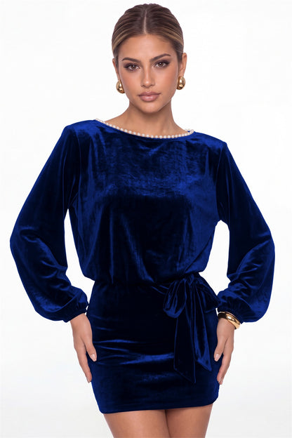 Royal Blue Scoop Neck Long Sleeve Pearl Velvet Mini Dress - Front View