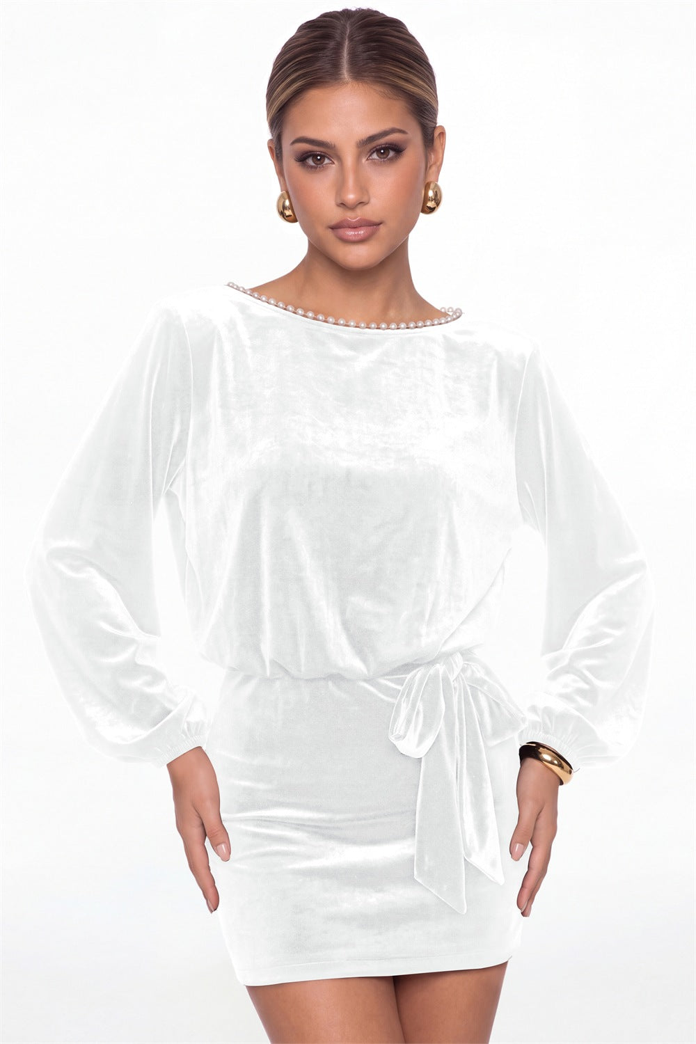 White Scoop Neck Long Sleeve Pearl Velvet Mini Dress - Front View