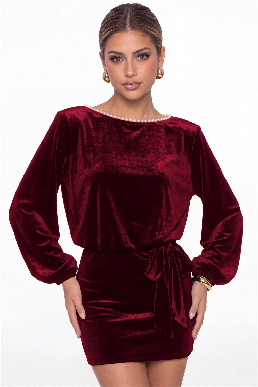 Wine Red Scoop Neck Long Sleeve Pearl Velvet Mini Dress - Front View