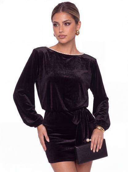Scoop Neck Long Sleeve Pearl Velvet Mini Dress - Detail View 1