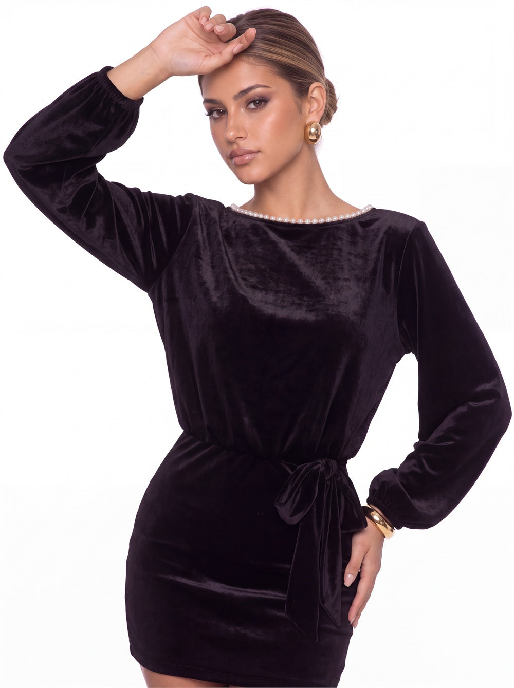 Scoop Neck Long Sleeve Pearl Velvet Mini Dress - Detail View 2