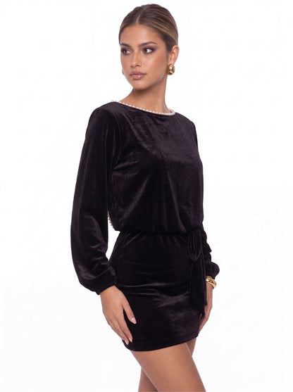 Scoop Neck Long Sleeve Pearl Velvet Mini Dress - Detail View 4