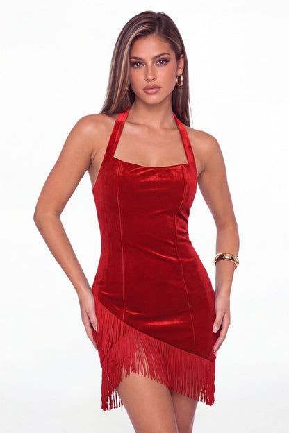 Red Halter Velvet Fringe Mini Homecoming Dress - Front View