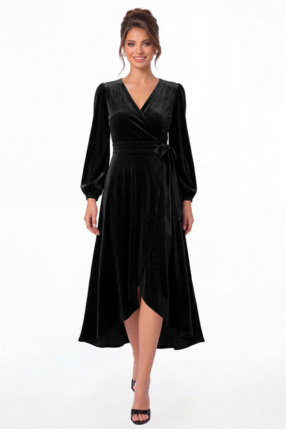 Black Long Sleeve Velvet Wrap High-Low Dress - Front View