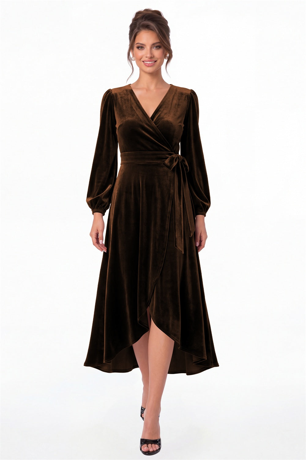 Brown Long Sleeve Velvet Wrap High-Low Dress - Front View