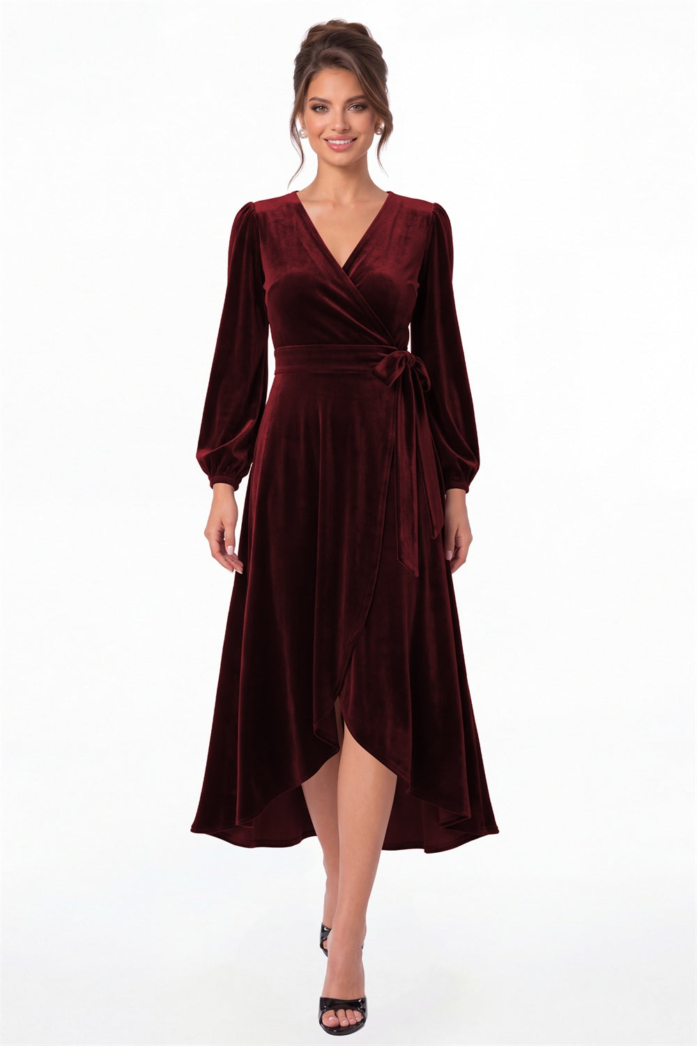 Burgundy Long Sleeve Velvet Wrap High-Low Dress - Front View