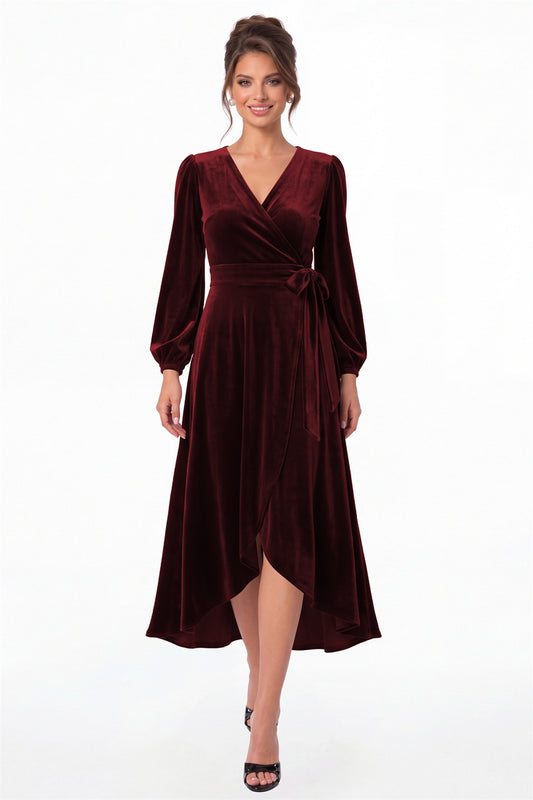 Burgundy Long Sleeve Velvet Wrap High-Low Dress - Front View