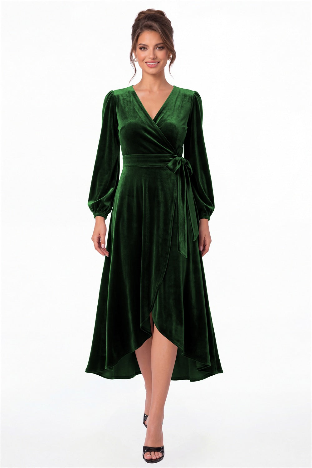 Emerald Green Long Sleeve Velvet Wrap High-Low Dress - Front View