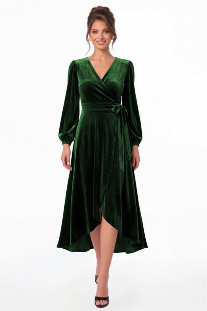 Emerald Green Long Sleeve Velvet Wrap High-Low Dress - Front View