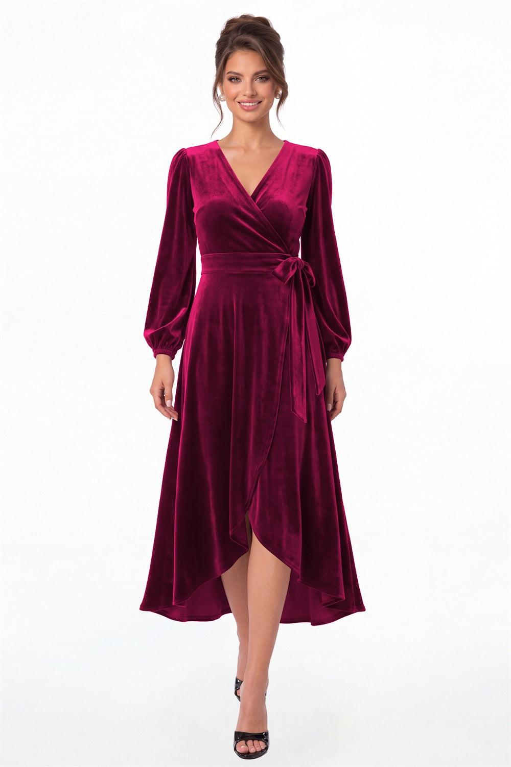 Fuchsia Long Sleeve Velvet Wrap High-Low Dress - Front View