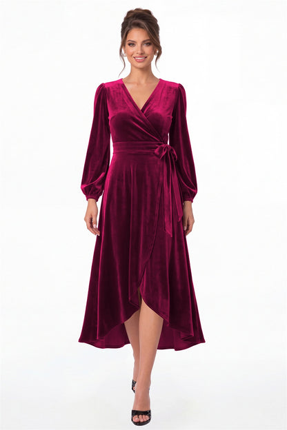 Fuchsia Long Sleeve Velvet Wrap High-Low Dress - Front View