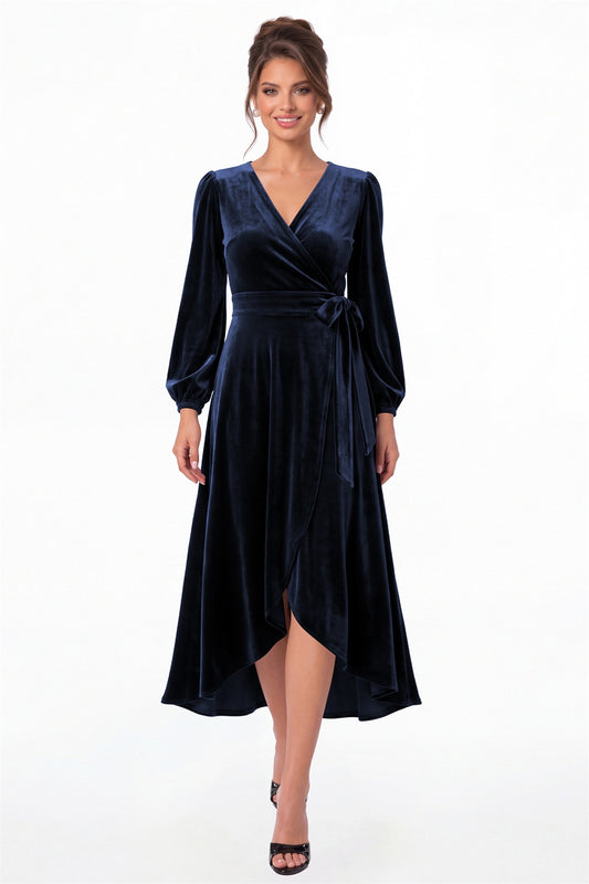 Navy Blue Long Sleeve Velvet Wrap High-Low Dress - Front View