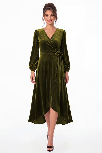 Olive Green Long Sleeve Velvet Wrap High-Low Dress - Front View