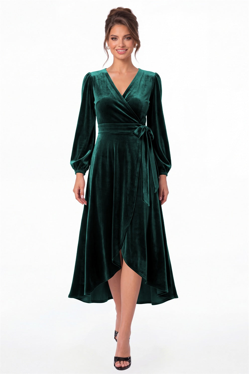 Peacock Long Sleeve Velvet Wrap High-Low Dress - Front View