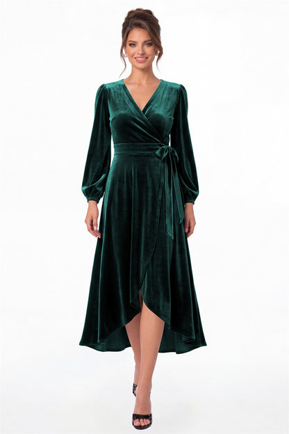 Peacock Long Sleeve Velvet Wrap High-Low Dress - Front View