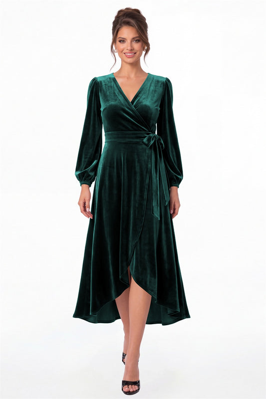Peacock Long Sleeve Velvet Wrap High-Low Dress - Front View