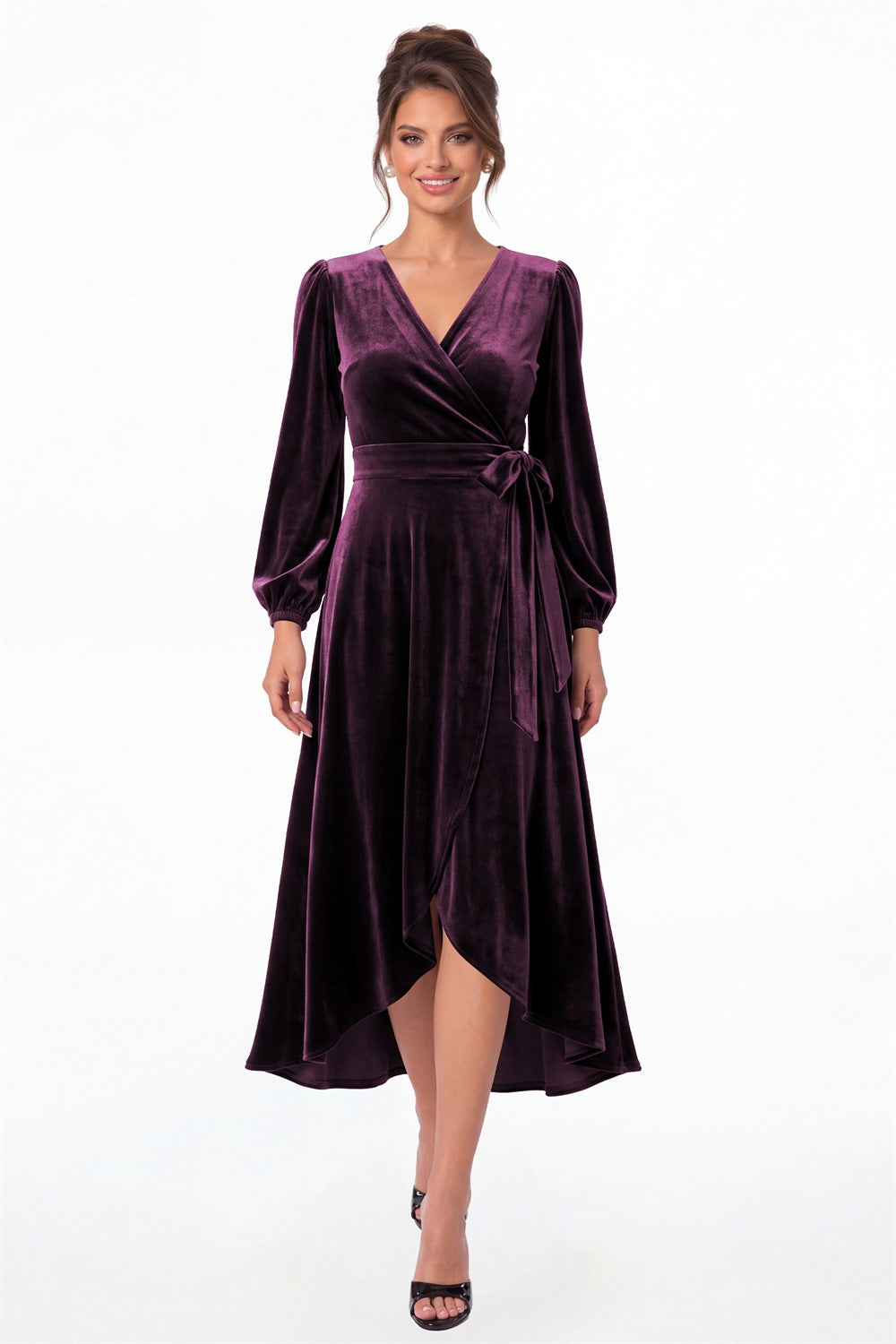 Plum Long Sleeve Velvet Wrap High-Low Dress - Front View