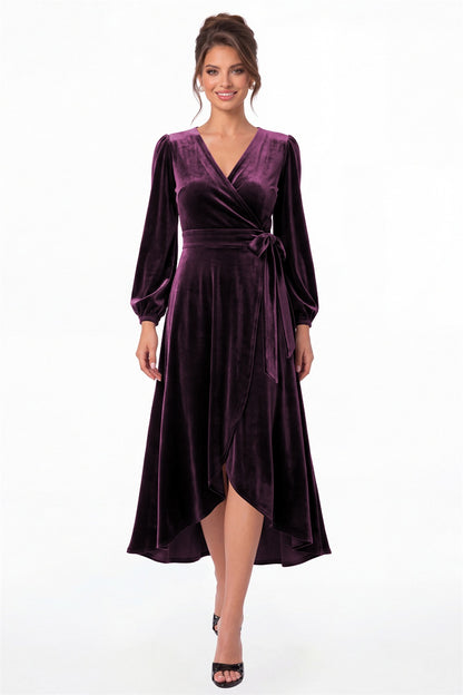 Plum Long Sleeve Velvet Wrap High-Low Dress - Front View