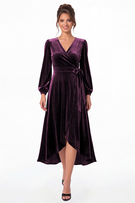 Plum Long Sleeve Velvet Wrap High-Low Dress - Front View