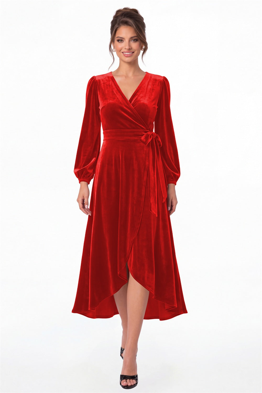 Red Long Sleeve Velvet Wrap High-Low Dress - Front View