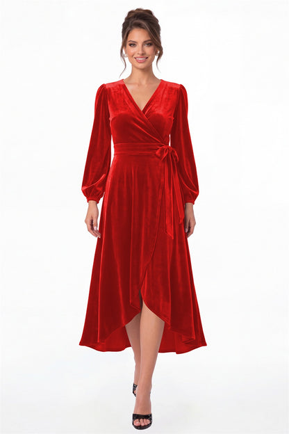 Red Long Sleeve Velvet Wrap High-Low Dress - Front View