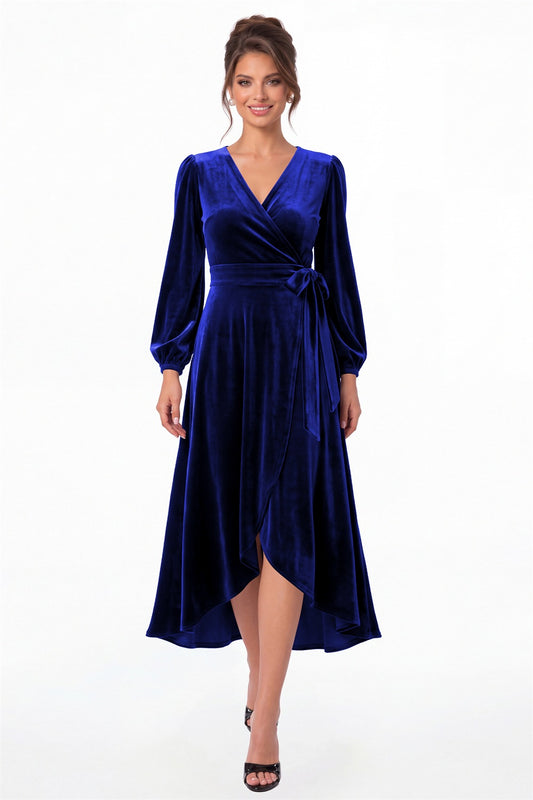 Royal Blue Long Sleeve Velvet Wrap High-Low Dress - Front View