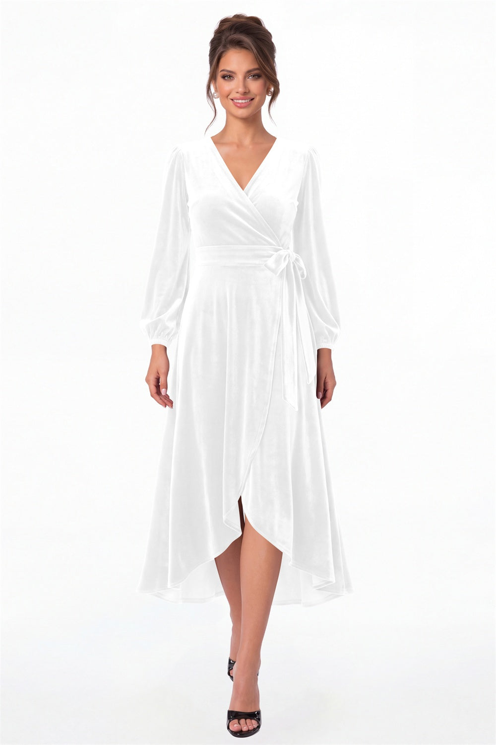 White Long Sleeve Velvet Wrap High-Low Dress - Front View