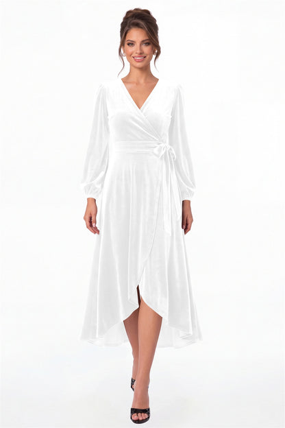 White Long Sleeve Velvet Wrap High-Low Dress - Front View