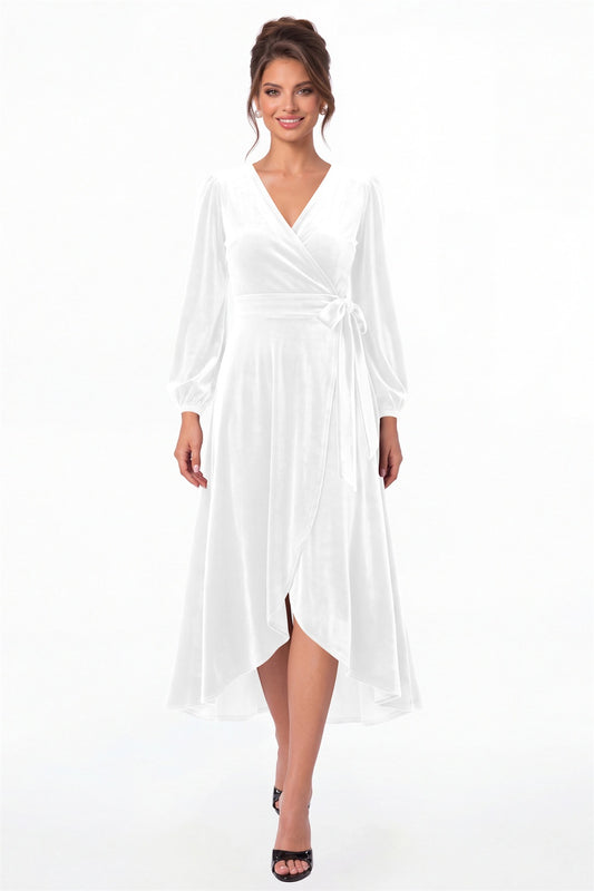 White Long Sleeve Velvet Wrap High-Low Dress - Front View