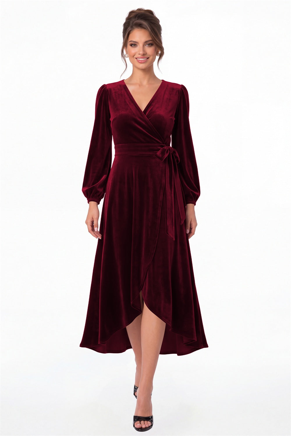 Wine Red Long Sleeve Velvet Wrap High-Low Dress - Front View