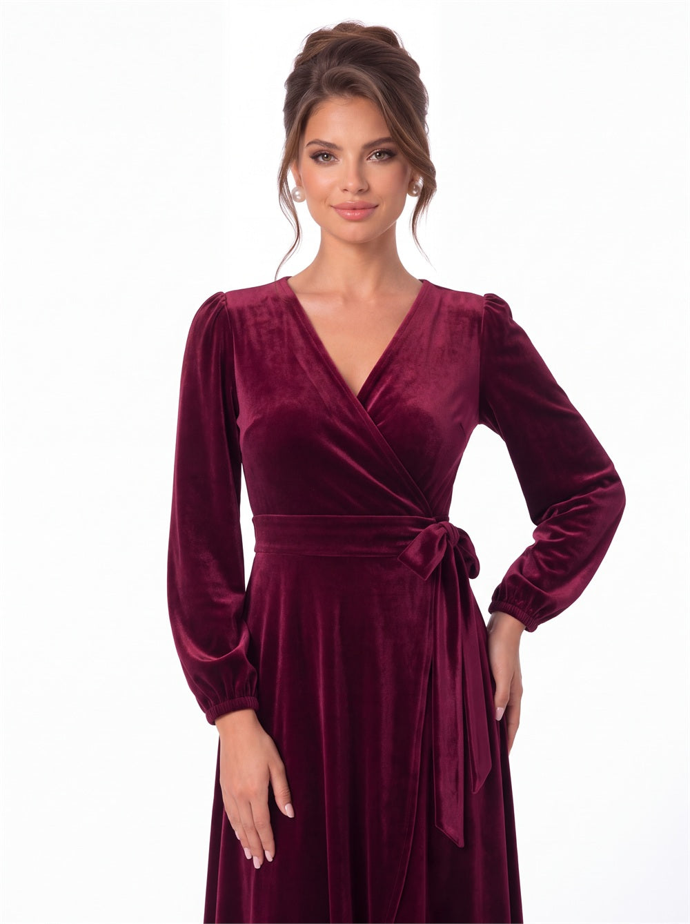 Long Sleeve Velvet Wrap High-Low Dress - Detail View 1