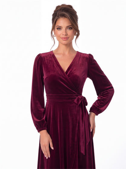 Long Sleeve Velvet Wrap High-Low Dress - Detail View 1